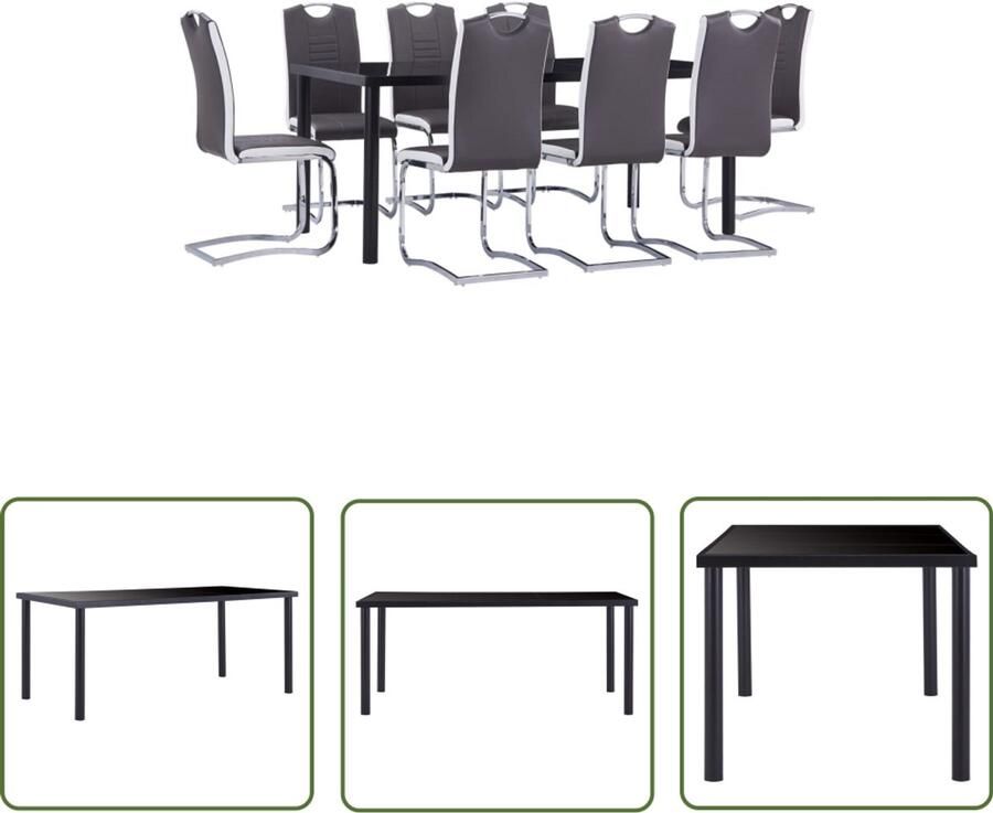 VidaXL 9-delige Eethoek Zwart Glas & Grijs Kunstleer Eetkamerset Eettafels Dining Chairs Salontafel Tuinset Buitentafel Terrasmeubilair Zwarte Eettafel Grijze Eetkamerstoelen