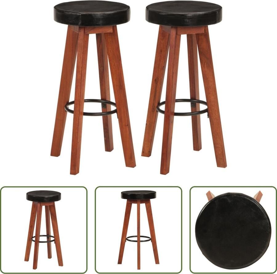 The Living Store Barkrukken Acaciahout Echt leer en canvas 45x45x76 cm Zwart en bruin Set van 2 Barkrukken Acacia Hout Lederen Bankstoel Zwarte Barkruk Bruine Barkruk - Foto 2