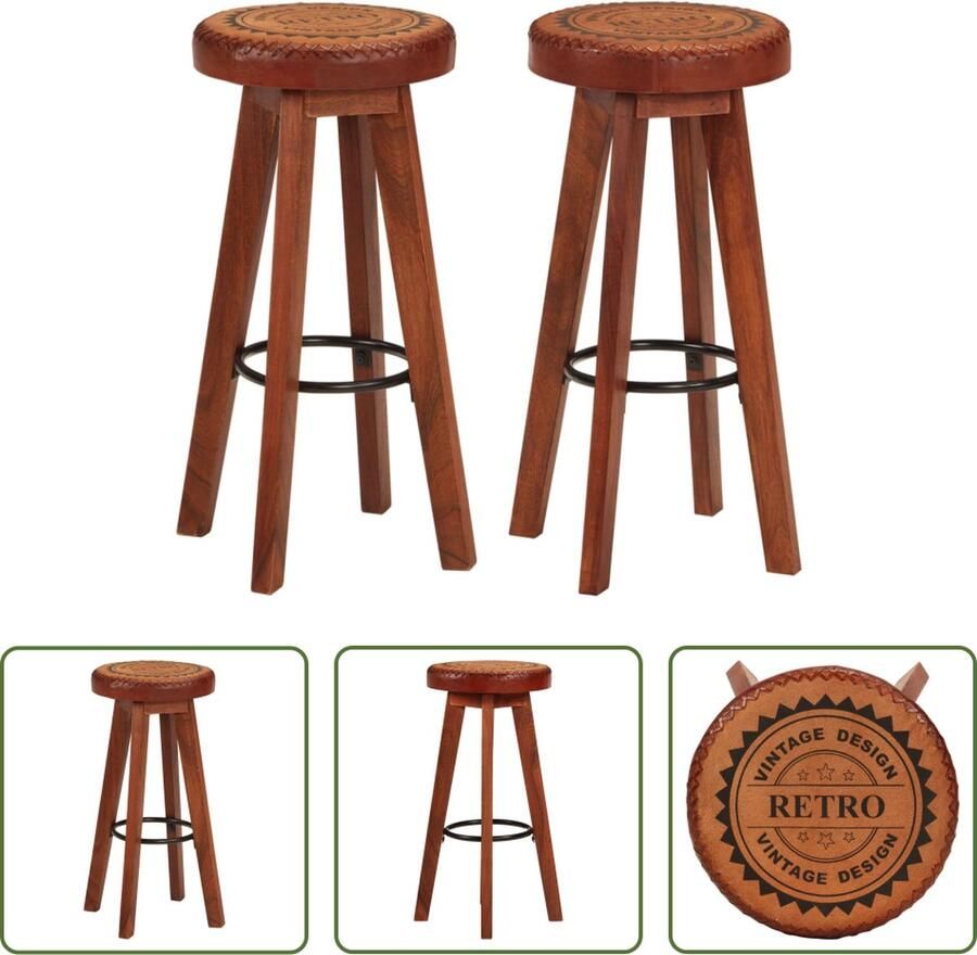 VidaXL -Barkrukken-2-st-echt-leer-en-massief-acaciahout