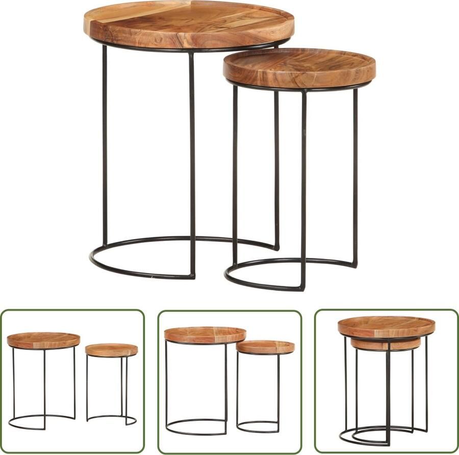 The Living Store Salontafelset Vintage Acaciahout Staalframe á 36x42cm en á 26x37cm Unieke houtnerven Salontafel Acacia Hout Vintage Salontafeltje Koffietafel - Foto 2