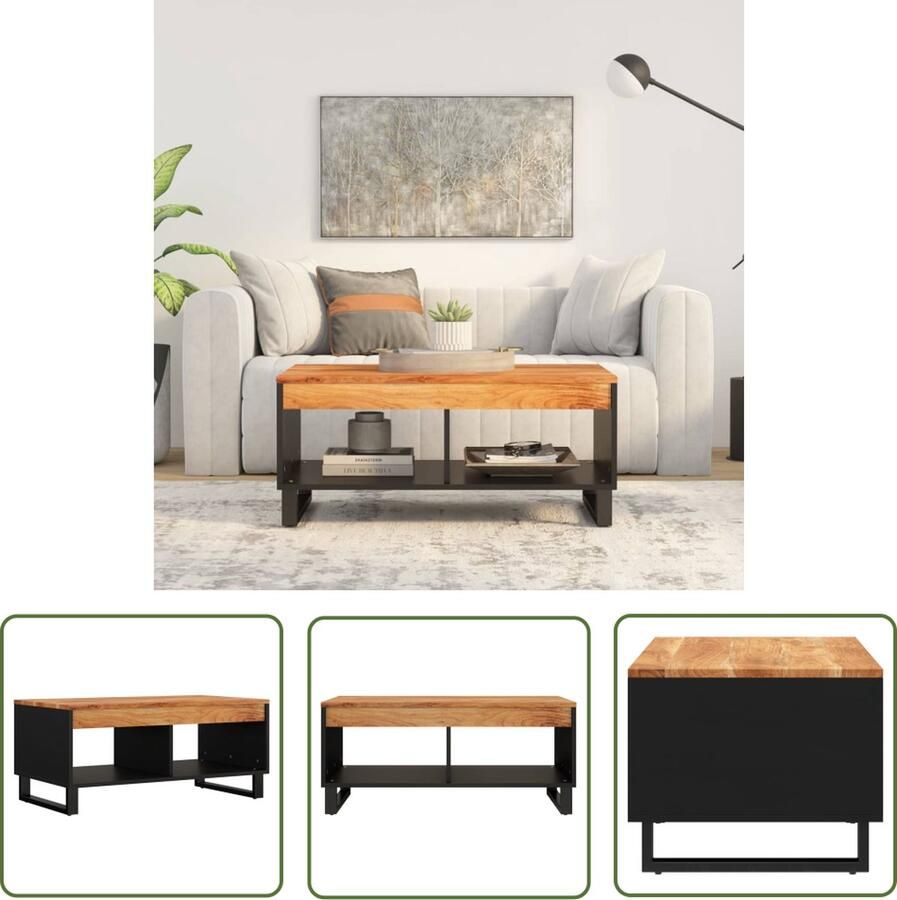 The Living Store Salontafel Massief acaciahout Veel opbergruimte Stevig tafelblad IJzeren poten 90 x 50 x 40 cm Salontafel Acacia Houten Tafel Bijzettafel Tv Tafeltje Woonkamer Meubilair