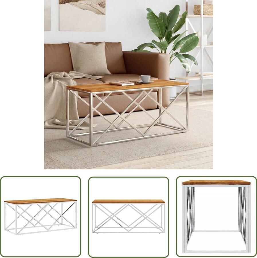 The Living Store Salontafel Massief acaciahout 110 x 45 x 45 cm Roestvrij staal Salontafel Acaciablad Roestvaststaal Design Meubilair Koffietafel