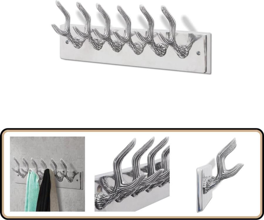 VidaXL Aluminium kapstok Zilver 6 haken 49x9x18 cm Aluminium Kapstok Wandkapstok Kapstok Zilver Hangrek Entreehal Accessoires