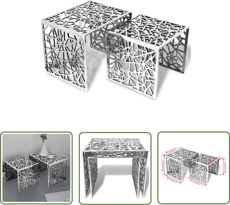 The Living Store Bijzettafels Aluminium Set van 2 Zilver 49x39x40cm 39x39x36cm Bijzettafels Aluminum Meubilair Salontafels Moderne Bijzet Tafels Zilveren Bijzettafels