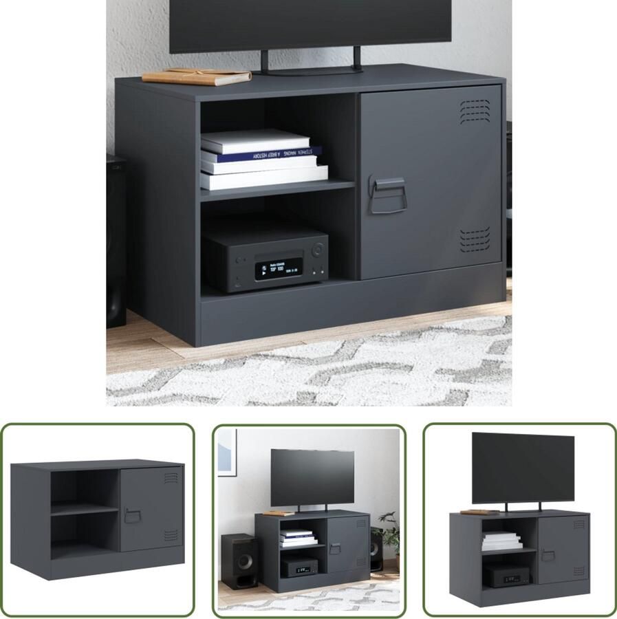The Living Store Tv-meubel 67x39x44 cm staal antracietkleurig Tv-meubel Antraciet Staal Salontafel Mediaopstelling
