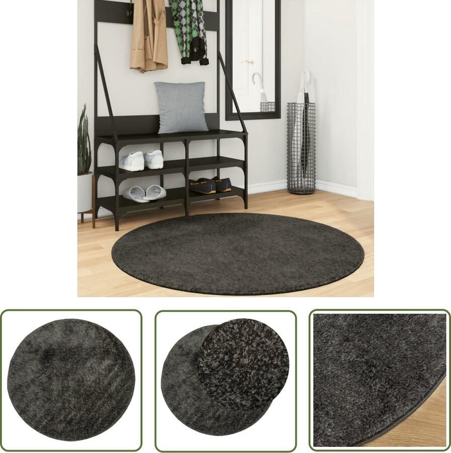 The Living Store ISTAN Vloerkleed 120 cm 30mm Poolhoogte Antraciet Polyester OEKO-TEX Gelrug Vloerkleed Antraciet Polyester Rond Anti Slip