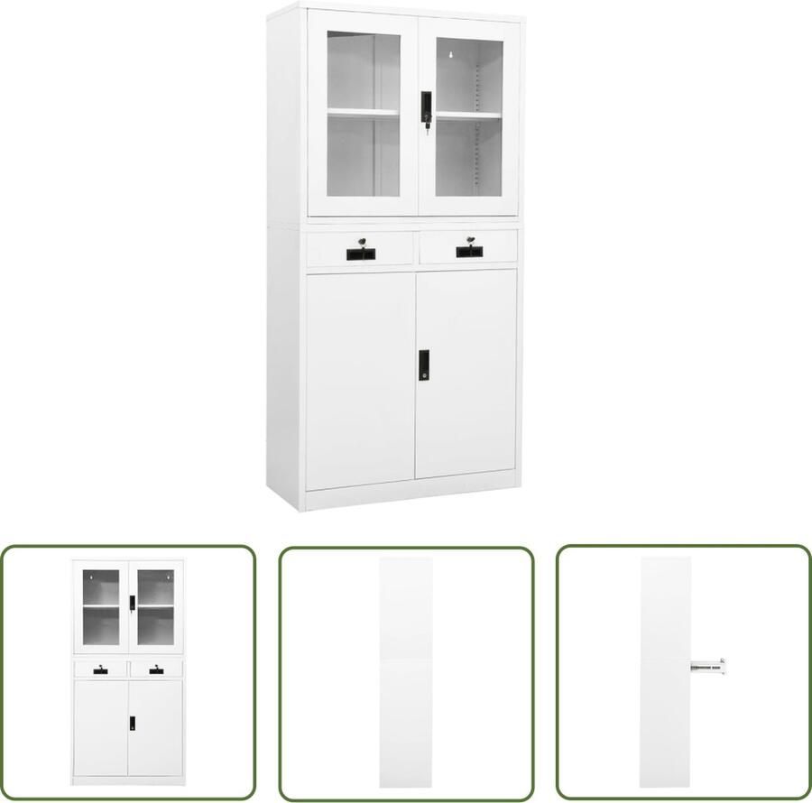 The Living Store Archiefkast Staal en Gehard Glas 90x40x180 cm 4 deuren 2 lades Kantoor Kast Archief Kast Opslag Kast Metalen Kast Witte Kast - Foto 2
