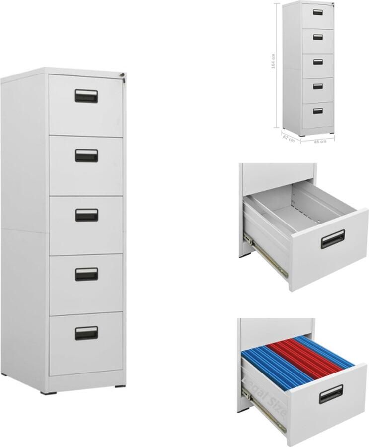 VidaXL Archiefkast 46 x 62 x 164 cm Staal Lichtgrijs 5 lades Met slot Kast