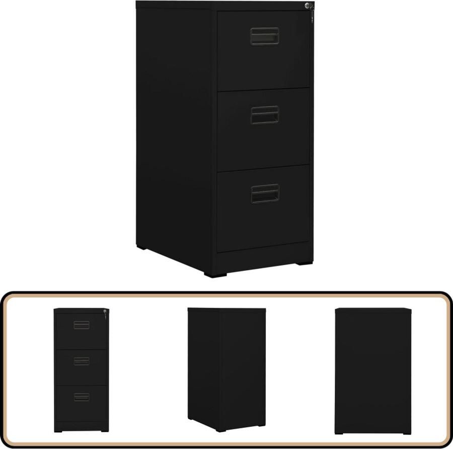 VidaXL Archiefkast Staal Zwart 3 Lades Inclusief Slot Archiefkaart Documentenstoring Metalen Kasten Bureauspullen Zwarte Kasten