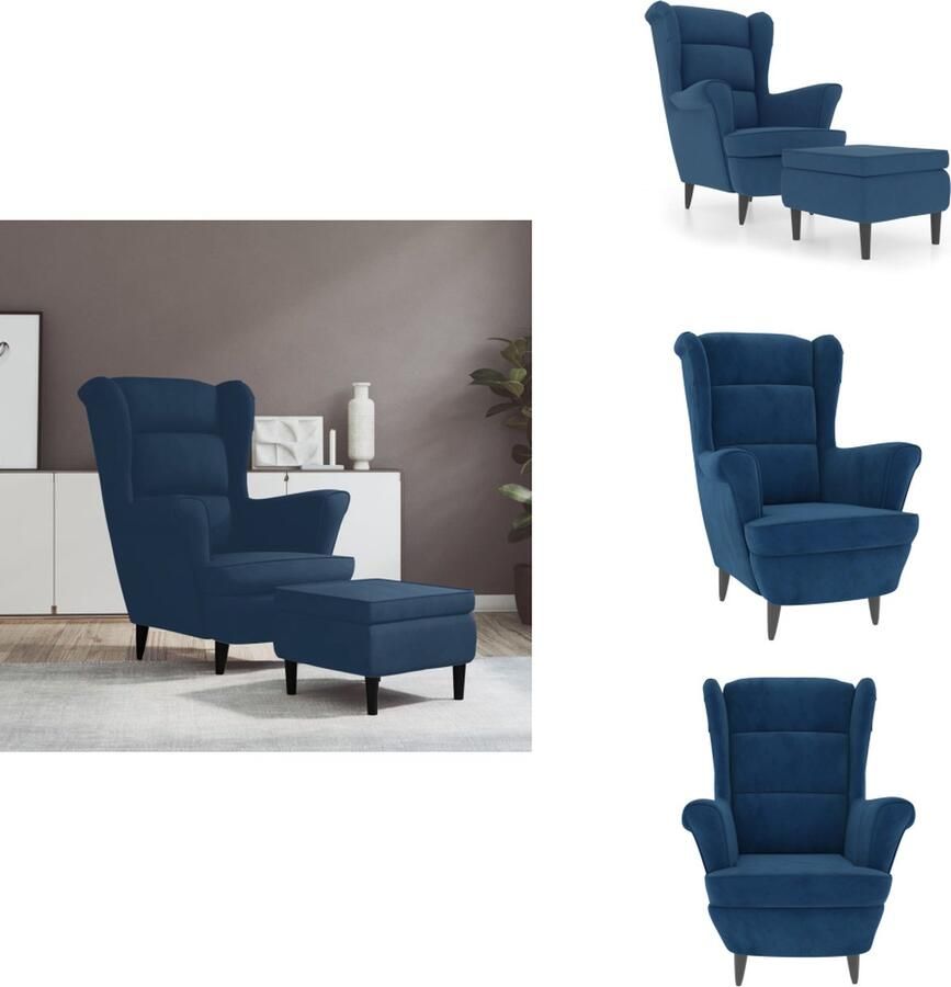 VidaXL Relaxstoel Velvet Blauw Armstoel 81x90x96.5cm + Voetenbank 55x54.5x42cm Multiplex Rubberwood Fauteuil