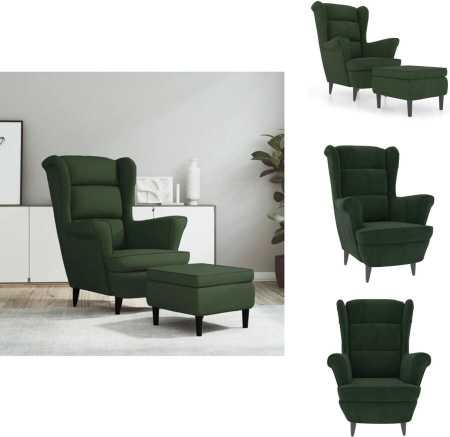 The Living Store Fauteuil met voetenbank fluweel donkergroen Comfortabele Stoel Lounge Stoel Velvet Fauteuil Groene Fauteuil Eetkamerstoelen