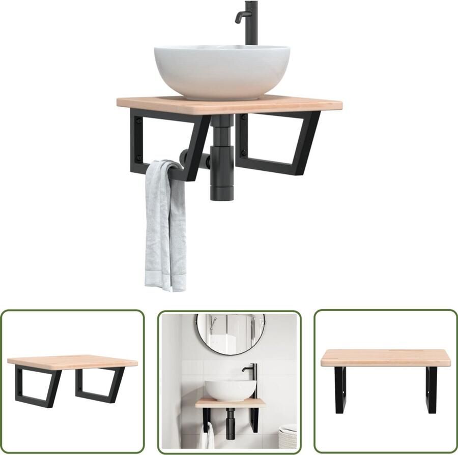 VidaXL Badkamer wandschap staal en massief eikenhout Badkamer Meubilair Badkamer Accessoires Houten Kastjes Eiken Hout Wandplank