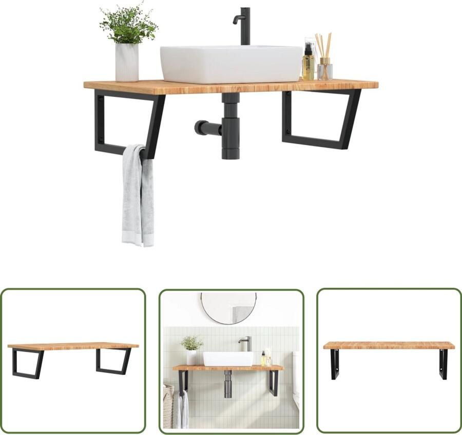 VidaXL Badkamer wandschap staal en massief eikenhout Badkamermeubilair Badkamerwandplank Houten Badkamerkast Eikenhouten Kast Zwarte Badkameraccessoires