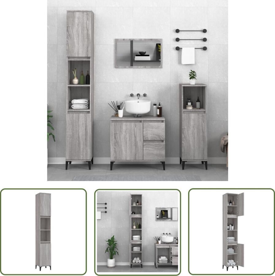 VidaXL Badkamerinrichting Badkamerkast 30x30x190 cm bewerkt hout grijs sonoma eikenkleur Opbergkast Grijze Badkamerkast Sonomaneik