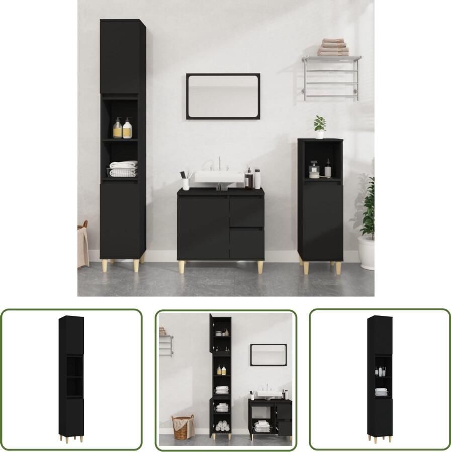 VidaXL Badkamerinrichting Badkamerkast 30x30x190 cm bewerkt hout zwart Opbergkast Houten Kast Zwarte Kast