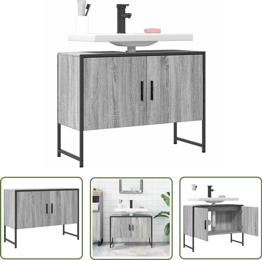 VidaXL Badkamerinrichting Wastafelkast 80x33x60 cm bewerkt hout grijs sonoma eikenkleurig Grijze Wastafelkast Houten Wastafelkast Sonome Eiken