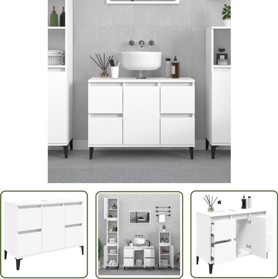 VidaXL Badkamerinrichting Wastafelkast 80x33x60 cm bewerkt hout wit Houten Wastafelkast Wit Meubel Opslagruimte Badkamer