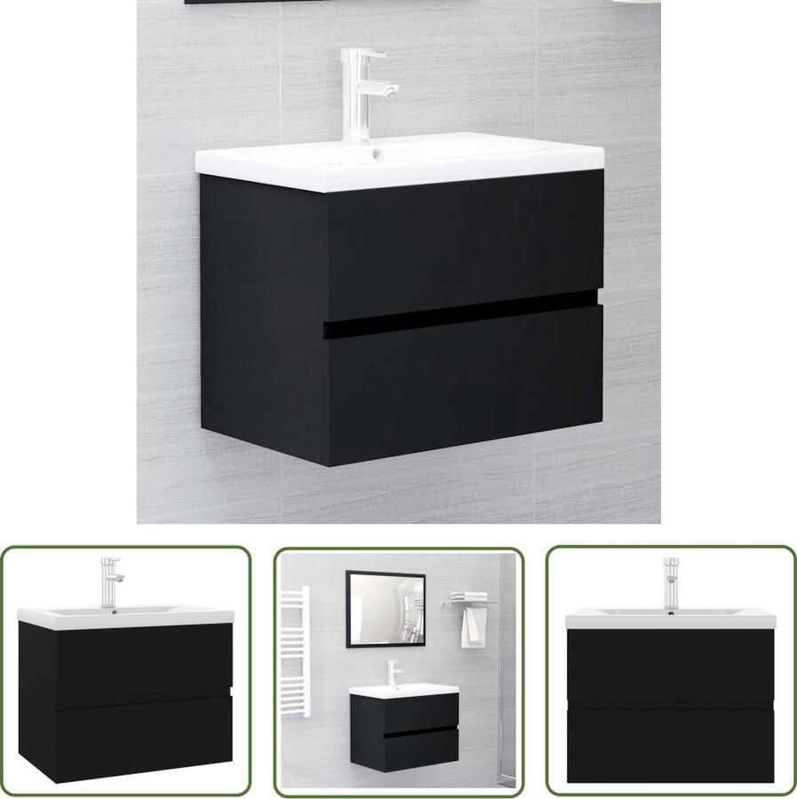 VidaXL Badkamerinrichting Wastafelkast met ingebouwde wastafel spaanplaat zwart Houten Wastafelkast Zwarte Wastafel Keramische Wastafel