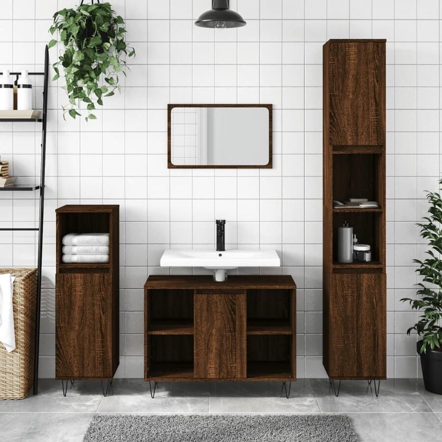 VidaXL Bruine Badkamerkast 80x33x60 cm bewerkt hout bruin eikenkleur Houten Badkamerkast Badkamermeubilair Opslagruimte Badkamer - Foto 2