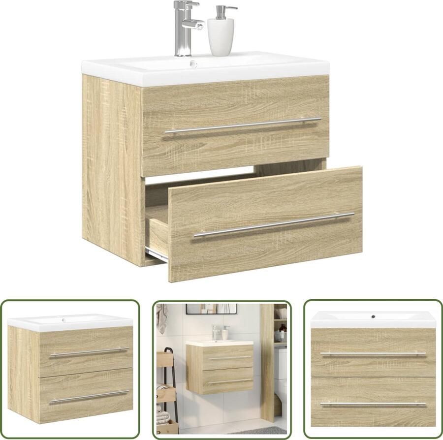 VidaXL Badkamerkast Badkamermeubel 2-delige Badkamermeubelset bewerkt hout sonoma eikenkleurig Wastafel Sonoma Eiken Keramiek