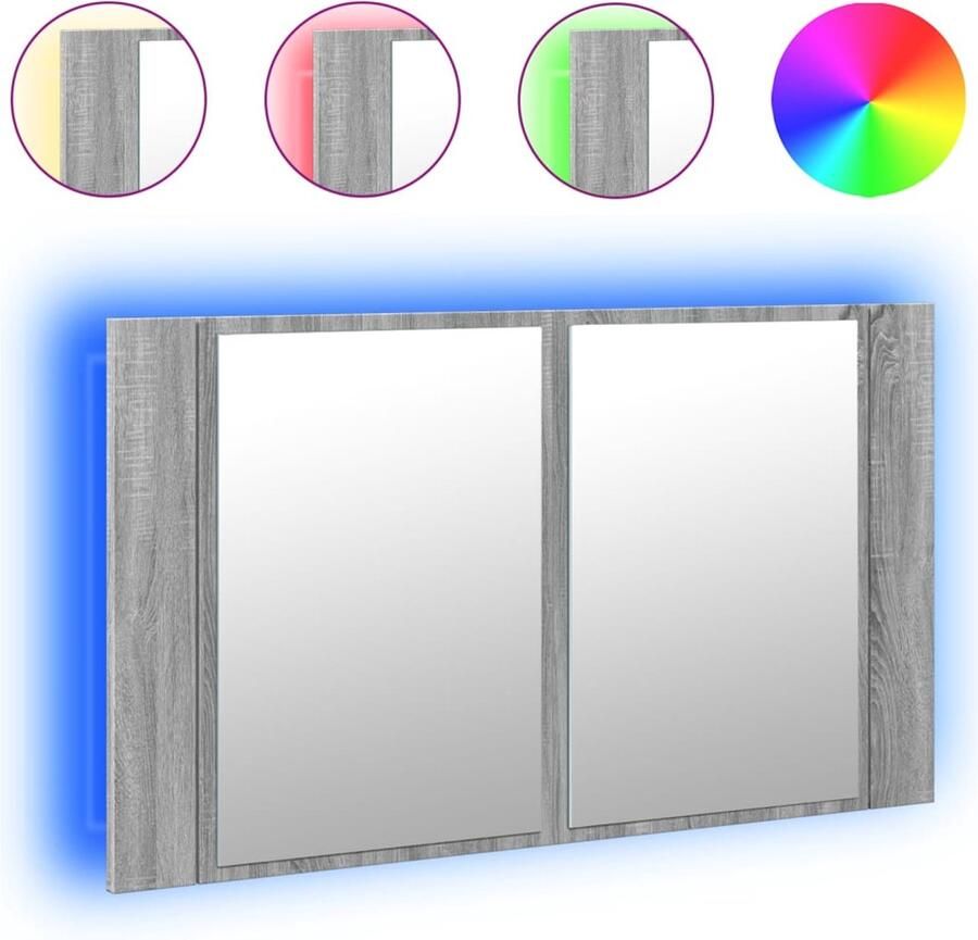 VidaXL Spiegelkast Badkamerkast met spiegel en LED 80x12x45 cm acryl grijs sonoma Led Spiegel Grijze Badkamerkast Houten Badkamerkast - Foto 2