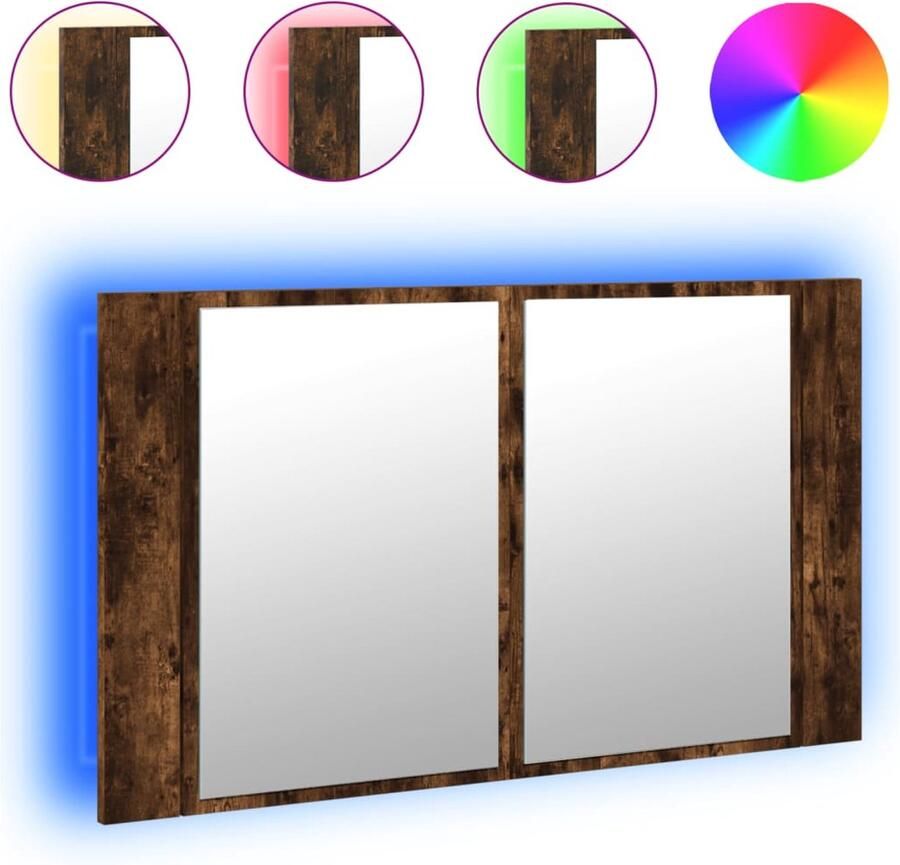 VidaXL Spiegelkast Badkamerkast met spiegel LED 80x12x45 acryl gerookt eikenkleur Led Verlichting Bruine Badkamerkast Houten Badkamerkast - Foto 2