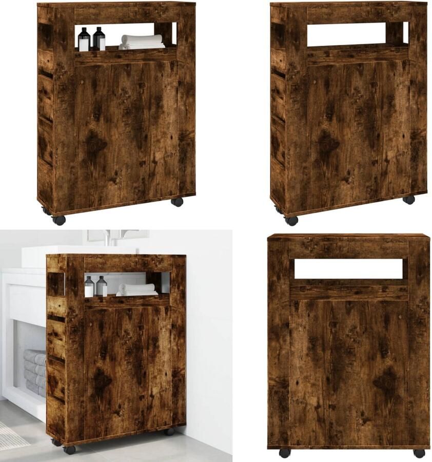 VidaXL Badkamerkast smal met wielen bewerkt hout gerookt eikenkleurig Smalle Badkamerkast Smalle Badkamerkasten Badkamer Kast Badkamerkastje