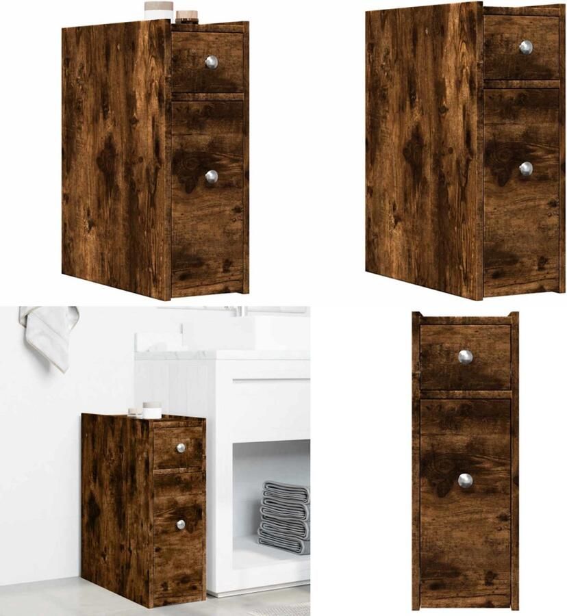 VidaXL Badkamerkast smal met wielen bewerkt hout gerookt eikenkleurig Smalle Badkamerkast Smalle Badkamerkasten Badkamer Kast Badkamerkastje
