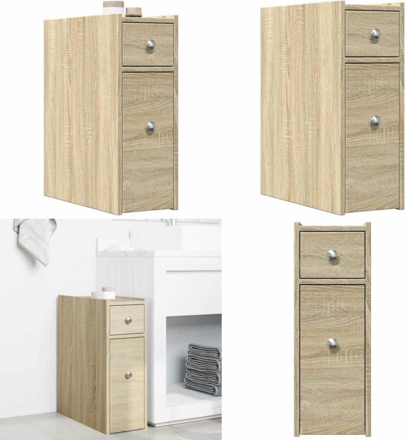 VidaXL Badkamerkast smal met wielen bewerkt hout sonoma eikenkleurig Smalle Badkamerkast Smalle Badkamerkasten Badkamer Kast Badkamerkastje