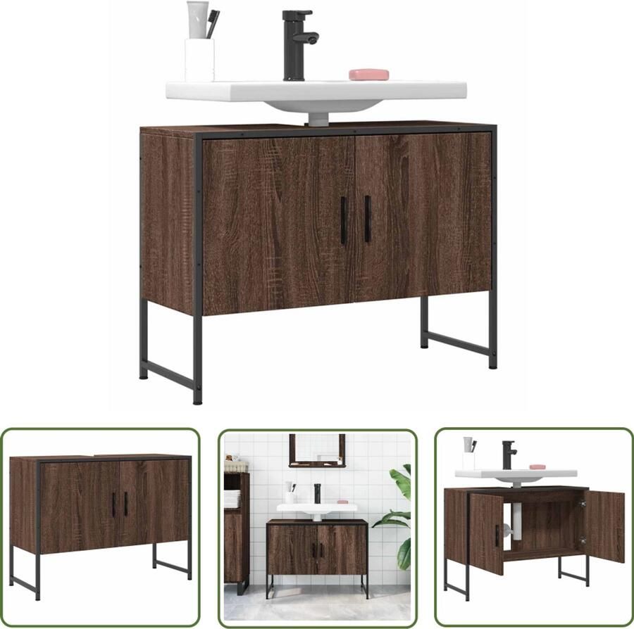VidaXL Badkamerkast Wastafelkast 80x33x60 cm bewerkt hout bruin eikenkleurig Houten Kast Bruine Eiken Bewerkt Hout