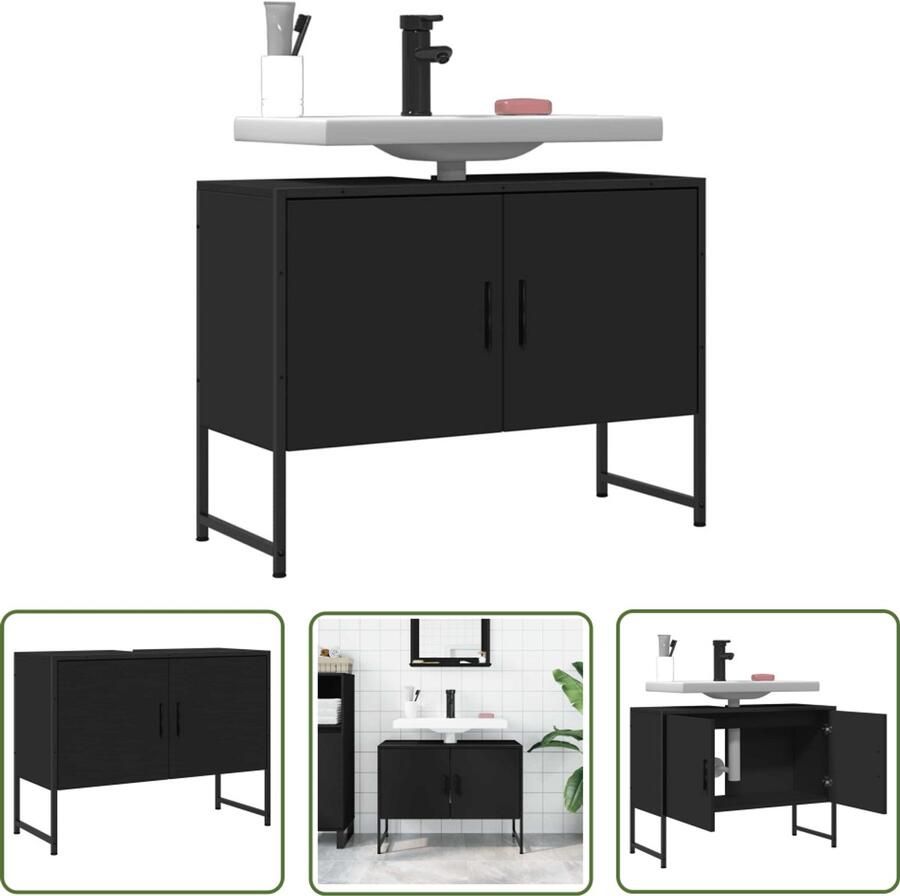 VidaXL Badkamerkast Wastafelkast 80x33x60 cm bewerkt hout zwart Houten Wastafelkast Zwarte Wastafelkast Compact