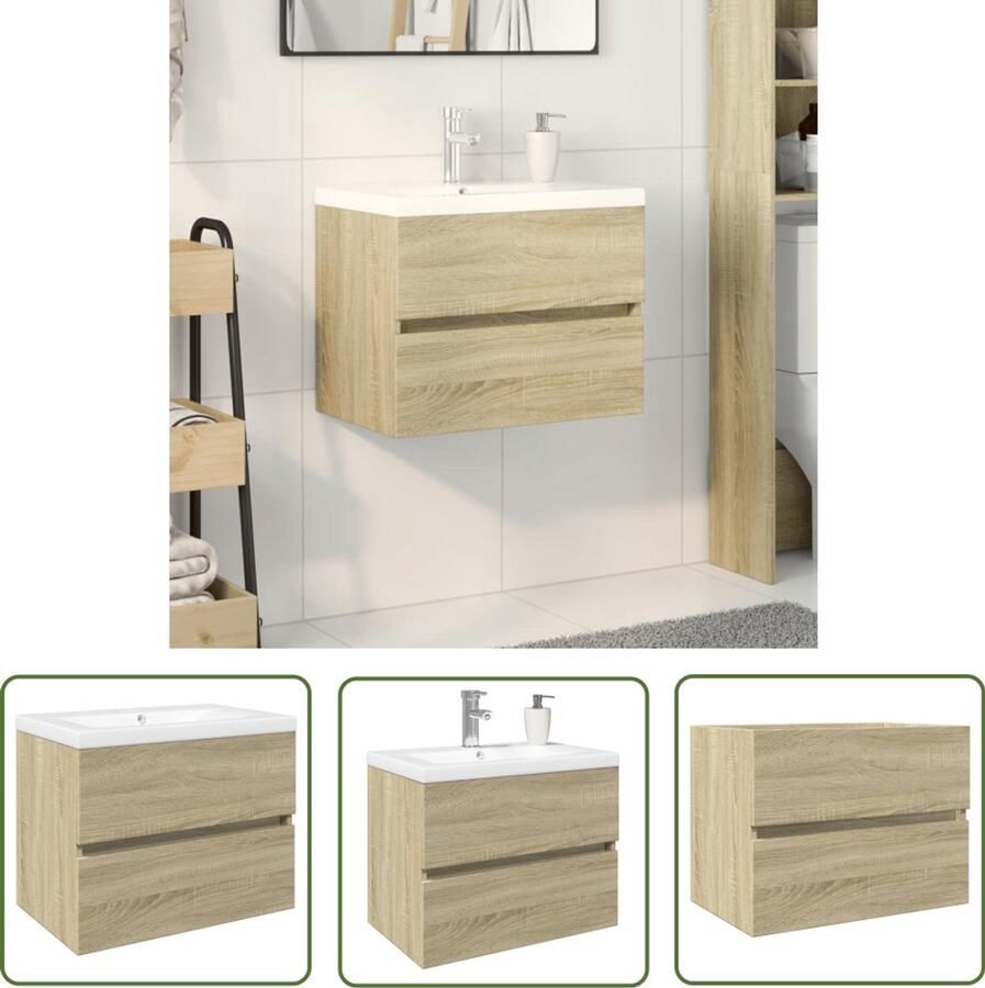 VidaXL Badkamerkasten Badkamermeubelset 2-delige Badkamermeubelset keramiek en bewerkt hout Wastafel Sonoma Eiken Keramische Wastafel