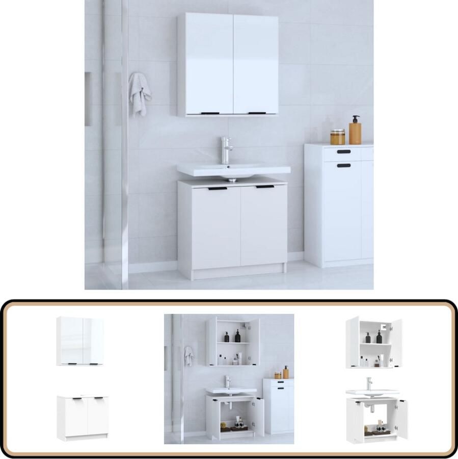 VidaXL Badkamerkastenset 2-delig Wit Hout en Glas Badkamermeubelset Badkamermeubelsets Badkamerkast Badkamerkastenset
