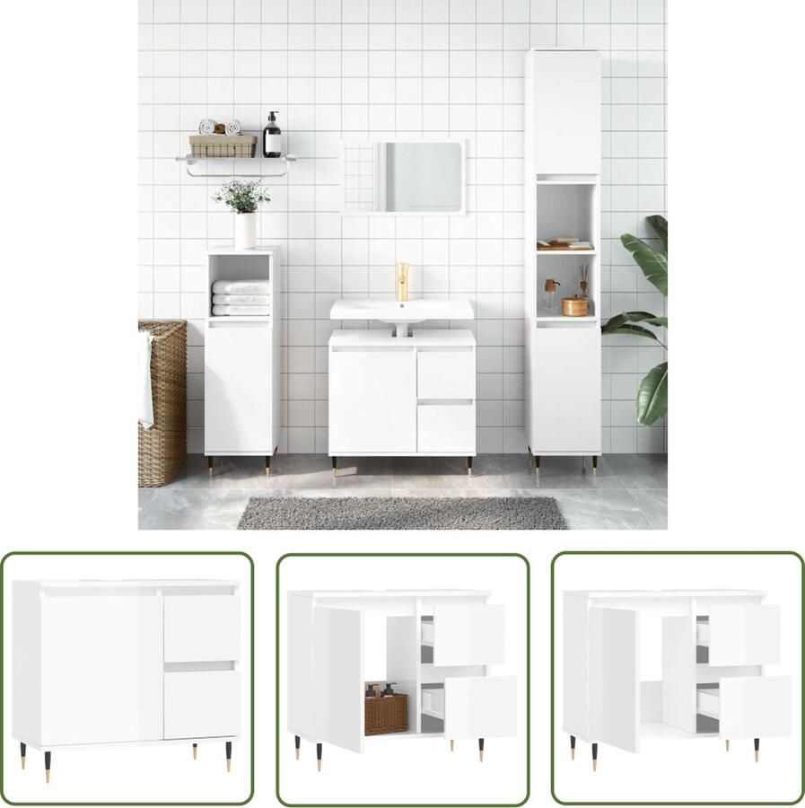 VidaXL Badkamermeubel Badkamerkast 65x33x60 cm bewerkt hout hoogglans wit Opslagruimte Houten Kast Hoogglans Wit