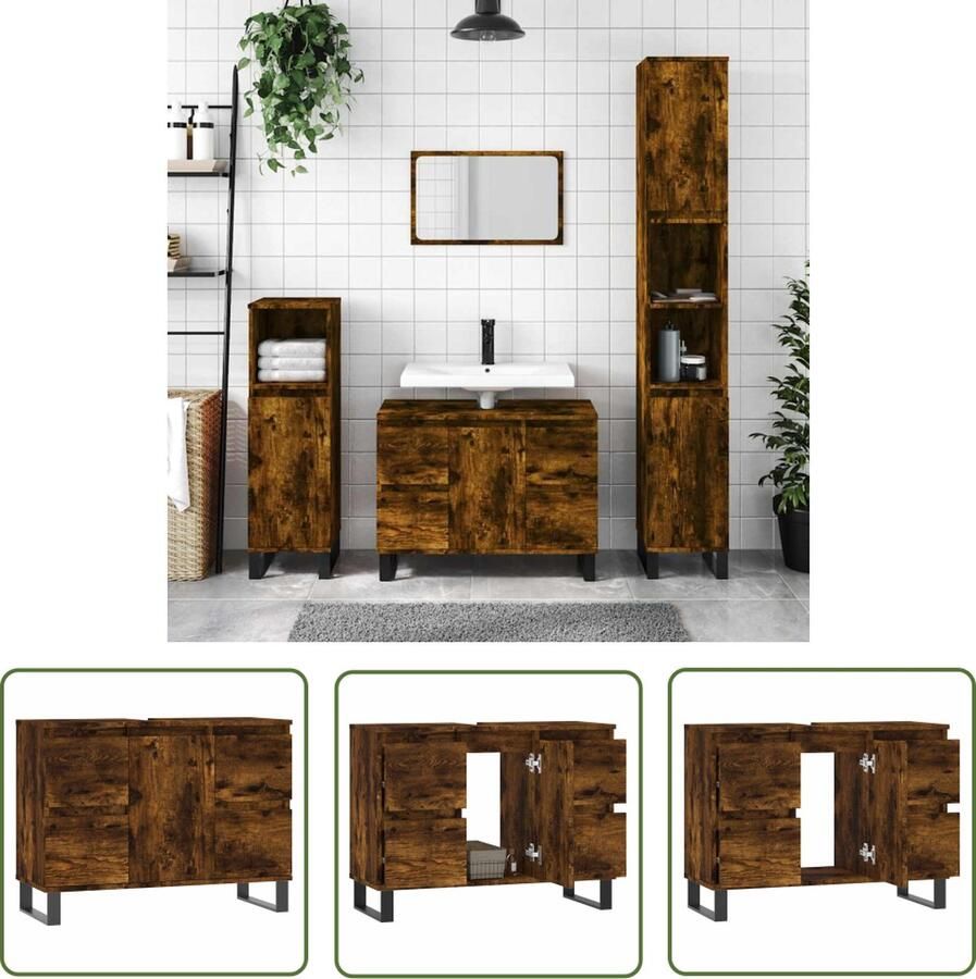 VidaXL Badkamermeubel Badkamerkast 80x33x60 cm bewerkt hout gerookt eikenkleurig Opbergkast Bruine Badkamerkast Houten Badkamerkast