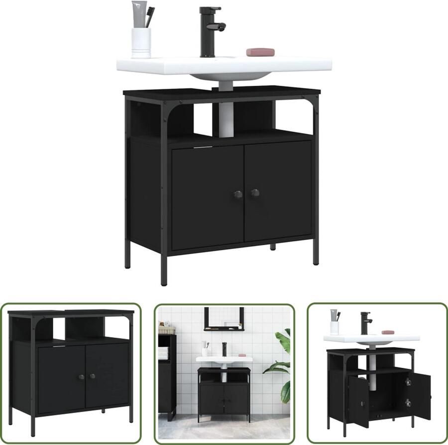 VidaXL Badkamermeubel Wastafelkast 60x30x60 cm bewerkt hout zwart Houten Wastafelkast Zwarte Wastafelkast Compact Badkamermeubel