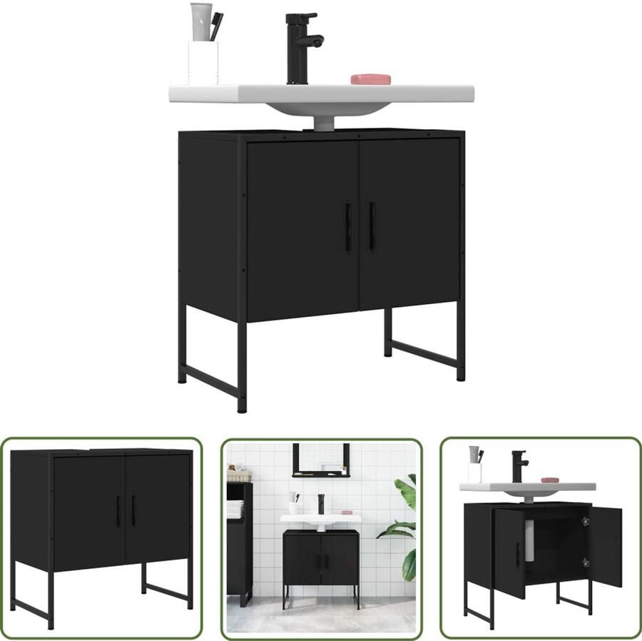 VidaXL Badkamermeubel Wastafelkast 60x33x60 cm bewerkt hout zwart Houten Wastafelkast Zwarte Wastafelkast Compact Design