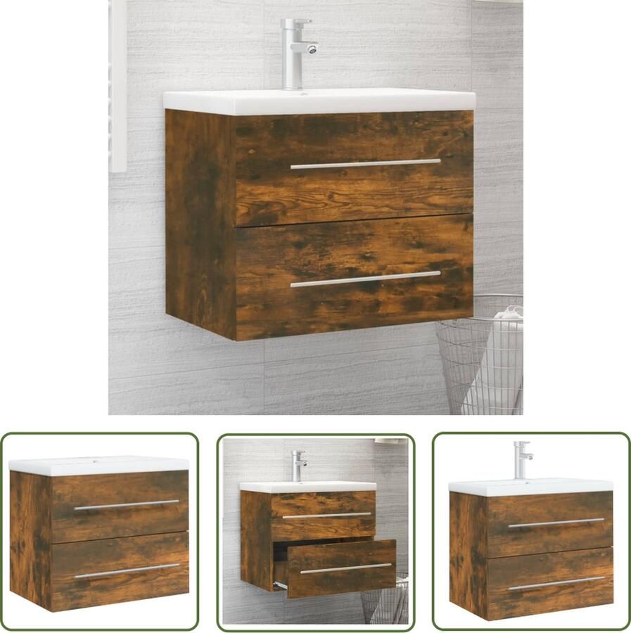 VidaXL Badkamermeubel Wastafelkast met ingebouwde wasbak bewerkt hout gerookt eiken Houten Kast Bruine Wastafel Gerookt Eiken