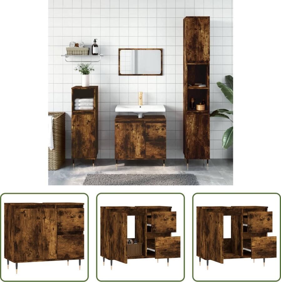 VidaXL Badkamermeubels Badkamerkast 65x33x60 cm bewerkt hout gerookt eikenkleurig Bruine Badkamerkast Houten Badkamerkast Bewerkt Hout