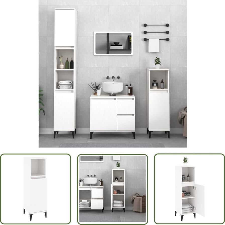 VidaXL Badkamermeubilair Badkamerkast 30x30x100 cm bewerkt hout wit Opbergkast Houten Kast Witte Kast