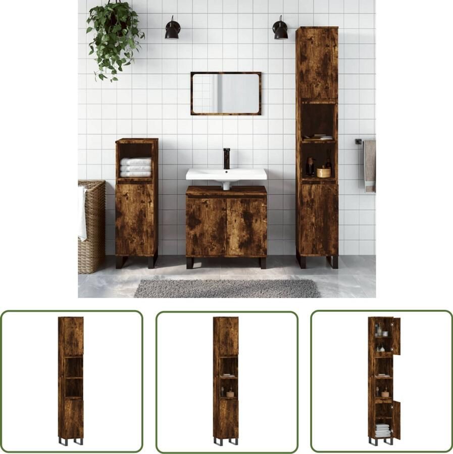VidaXL Badkamermeubilair Badkamerkast 30x30x190 cm bewerkt hout gerookt eikenkleurig Bruine Badkamerkast Houten Badkamerkast Opbergkast Badkamer