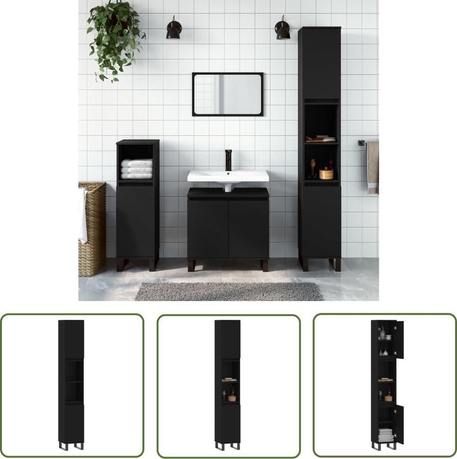 VidaXL Badkamermeubilair Badkamerkast 30x30x190 cm bewerkt hout zwart Opbergkast Houten Kast Zwarte Kast