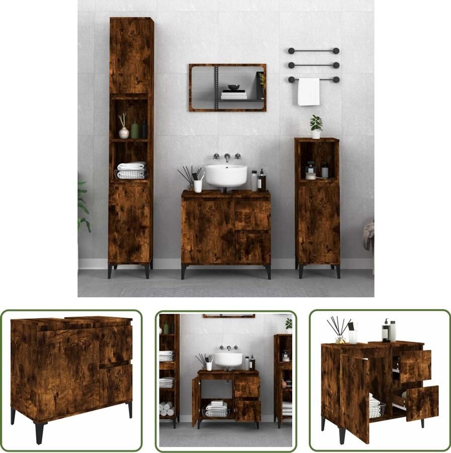 VidaXL Badkamermeubilair Badkamerkast 65x33x60 cm bewerkt hout gerookt eikenkleurig Opbergkast Houten Kast Bruine Kast