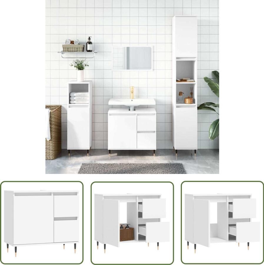 VidaXL Badkamermeubilair Badkamerkast 65x33x60 cm bewerkt hout wit Houten Badkamerkast Wit Badkamerkast Opbergkast Badkamer