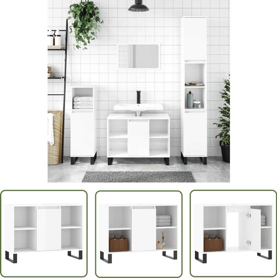 VidaXL Badkamermeubilair Badkamerkast 80x33x60 cm bewerkt hout hoogglans wit Opslagoplossingen Witte Badkamerkast Houten Badkamerkast