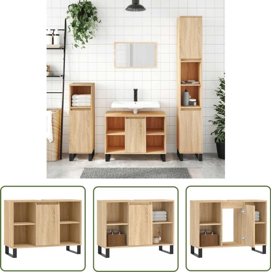 VidaXL Badkamermeubilair Badkamerkast 80x33x60 cm bewerkt hout sonoma eikenkleurig Sonoma Eiken Bewerkt Hout Opbergkast