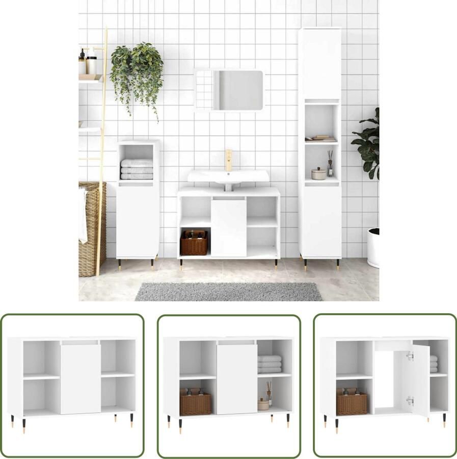 VidaXL Badkamermeubilair Badkamerkast 80x33x60 cm bewerkt hout wit Opbergkast Houten Kast Wit Kast