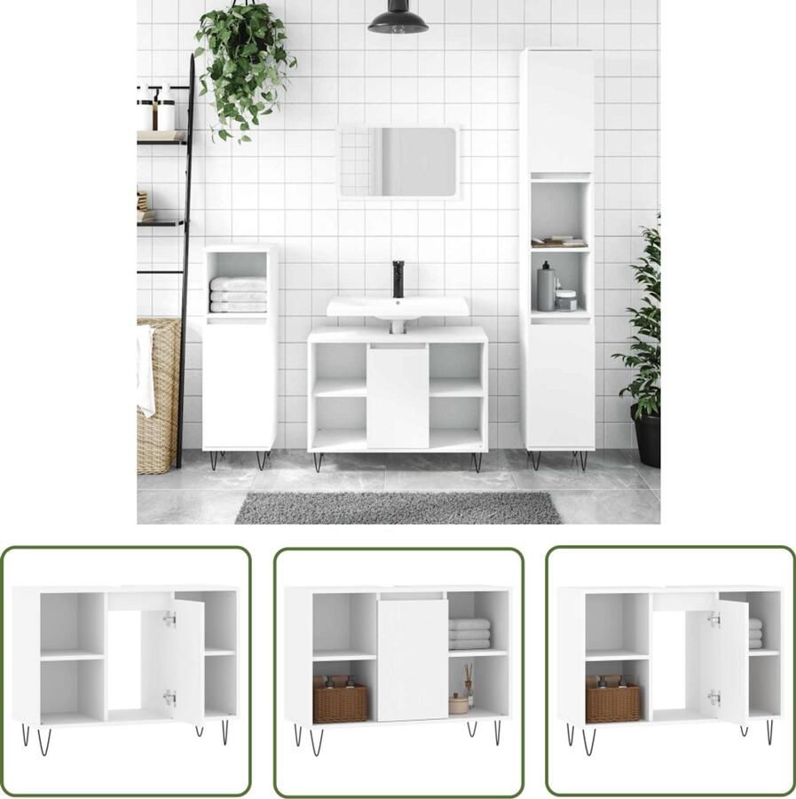 VidaXL Badkamermeubilair Badkamerkast 80x33x60 cm bewerkt hout wit Opbergkast Houten Kast Witte Kast