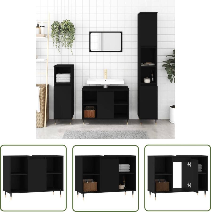 VidaXL Badkamermeubilair Badkamerkast 80x33x60 cm bewerkt hout zwart Opbergruimte Houten Kast Zwarte Kast