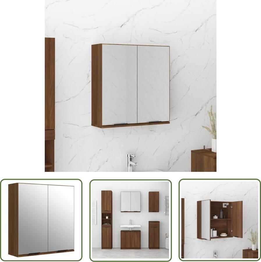 VidaXL Badkamermeubilair Badkamerkast met spiegel 64x20x67 cm bruin eikenkleur Spiegelkast Houten Kast Bruine Kast